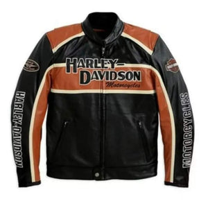 Men’s Harley Davidson Classic Black & Orange Motorcycle Leather Jacket